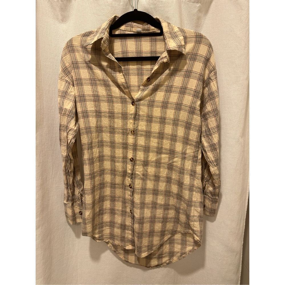 Tan Women’s Button Up with Plaid Pattern (SIZE SMALL)